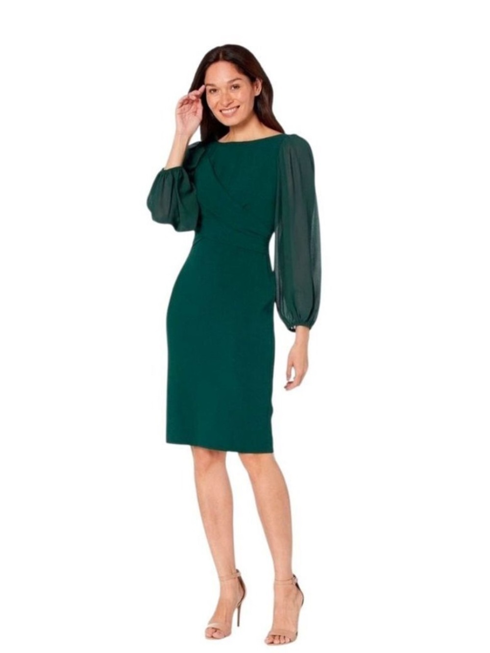 Vince Camuto Emerald Green Midi Dress with Sheer Bishop Sleeves